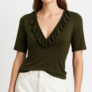 The Limited Statement T-shirt Top Ruffled V-neck ASO Vampire Diaries Olive XS